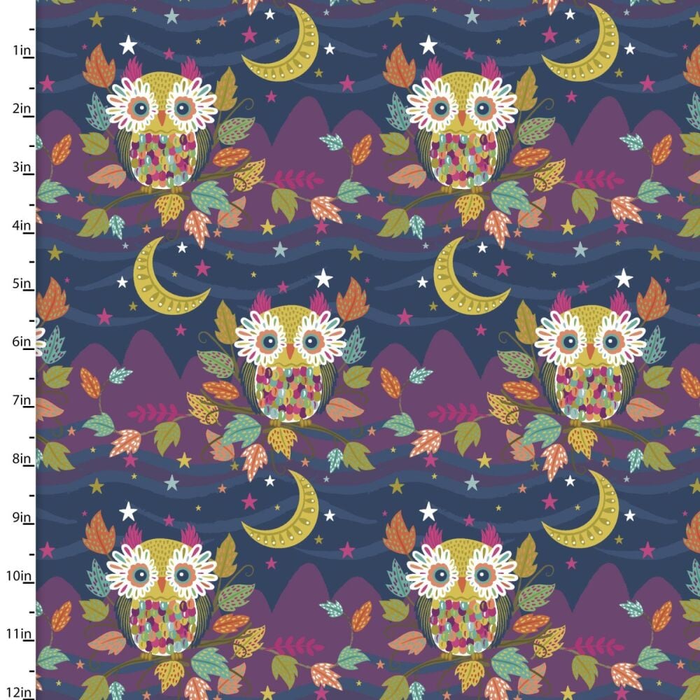 Living Wild- Navy Whimsical Wisdom: Sold by the 1/2 yard