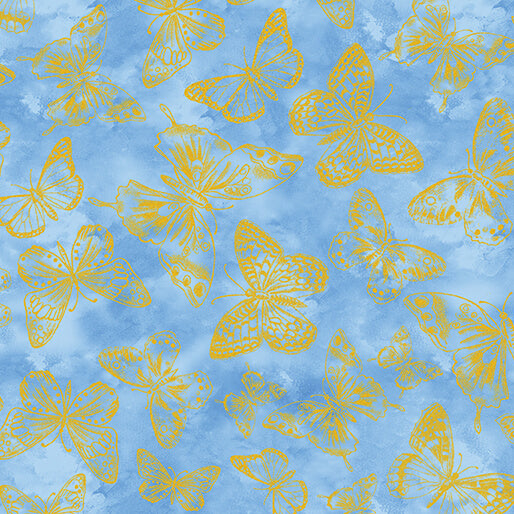 Metallic Impressions- Light Blue Metallic Butterfly Impressions: Sold By The 1/2 yard