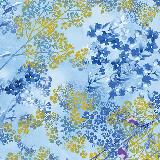 Metallic Impressions- Light Blue Metallic Sprigs: Sold By The 1/2 yard