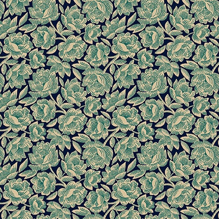 Scrap Basket Favorites- Blue Cabbage Rose: Sold by the 1/2 yard