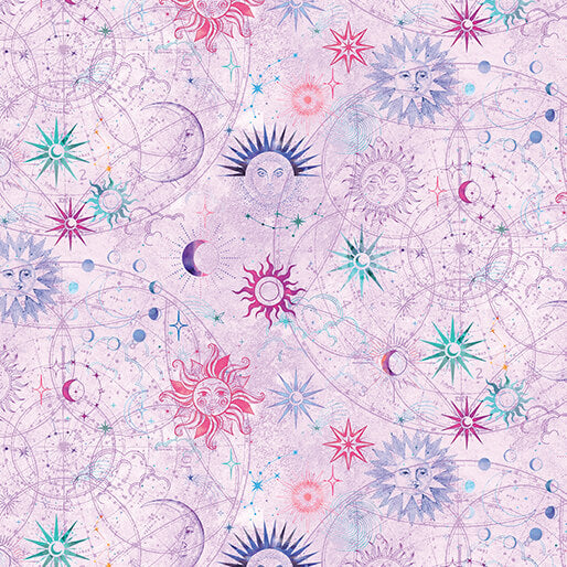 Celestial Skies- Light Plum Pearlescent Sun and Moon: Sold By The 1/2 yard
