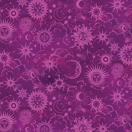 Celestial Skies- Fuchsia Pearlescent Sun and Moon Tonal: Sold By The 1/2 yard