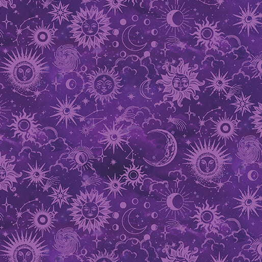Celestial Skies- Violet Pearlescent Sun and Moon Tonal: Sold By The 1/2 yard