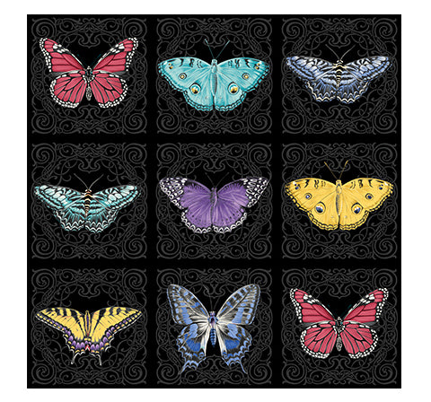 Circle of Butterflies- Black/Multi Butterfly Nouveau Pearl 24" Panel: Sold By The Panel