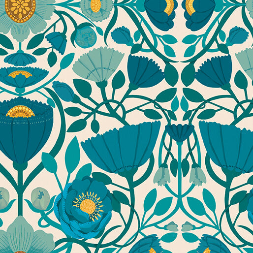 Mirrors- Teal Mirrored Garden: Sold by the 1/2 Yard