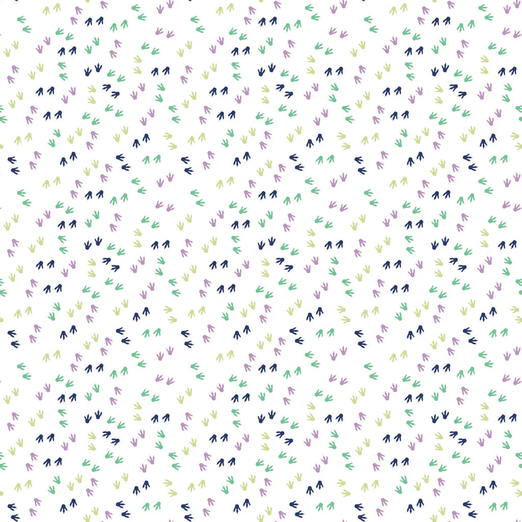 Dino Glow- White Dino Footprints, Glow: Sold By The 1/2 Yard