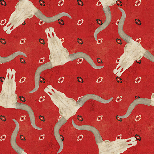 Hold Your Horses- Red Longhorn Bandana: Sold by the 1/2 yard.