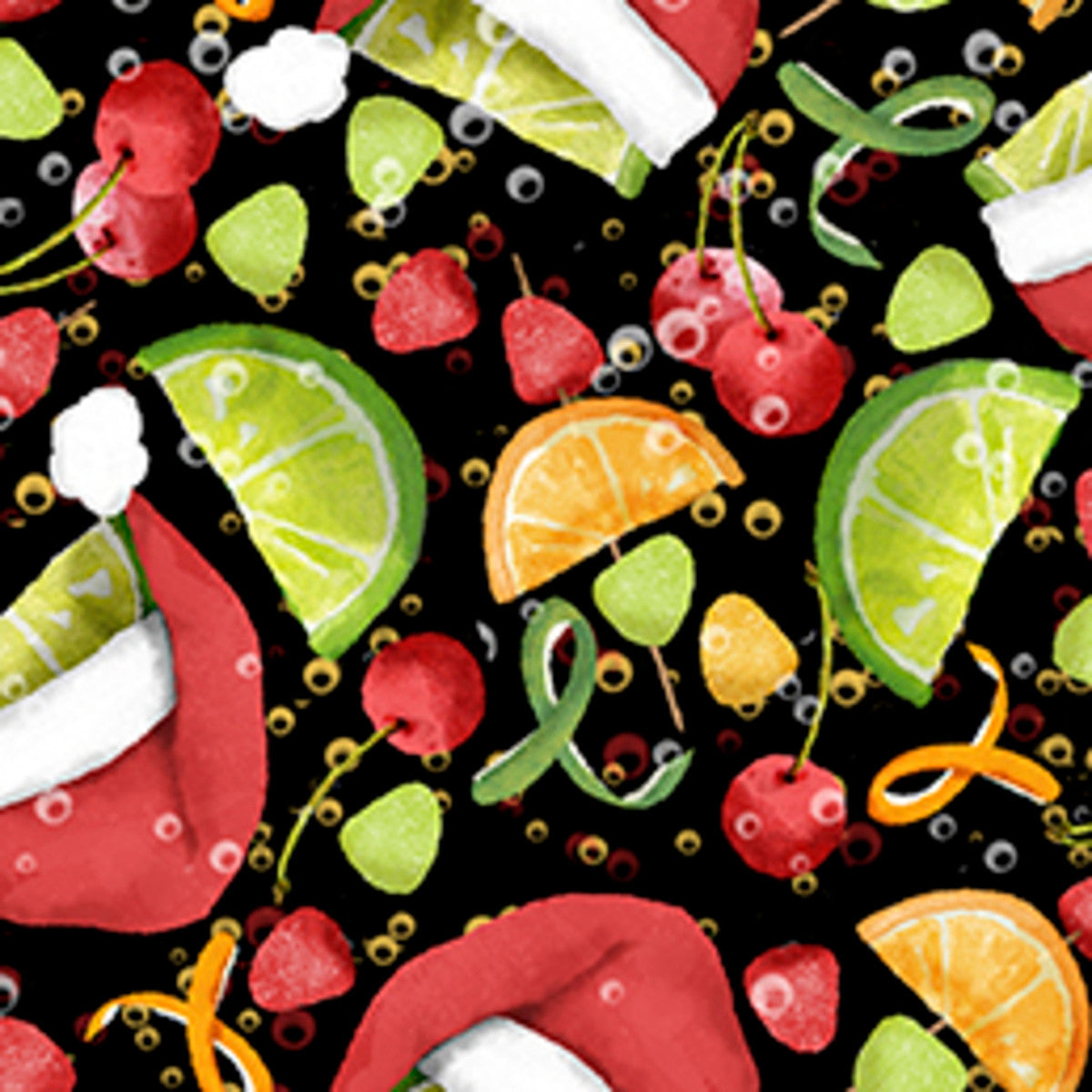 Happy Alcoholidays- Black Santa's Fruit Fiesta: Sold by the 1/2 yard