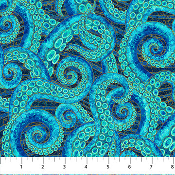 Shimmer Enigma- Blue Tentacles with Metallic: Sold by the 1/2 yard