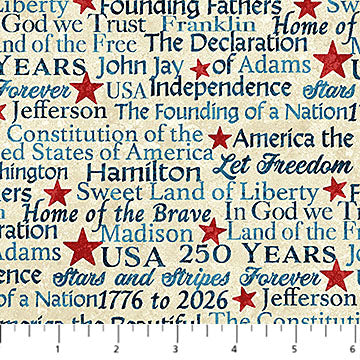 America 250 Stonehenge- Beige Multi Text: Sold By The 1/2 Yard