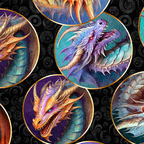 Dragon's Song- Charcoal Dragon Heads: Sold by the 1/2 yard.