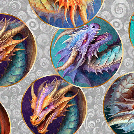 Dragon's Song- Gray Dragon Heads: Sold by the 1/2 yard.