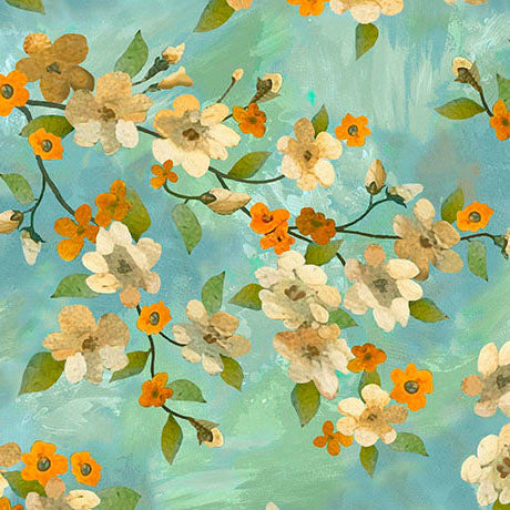 Light of the World- Aqua Dogwood Floral: Sold by the 1/2 yard. (