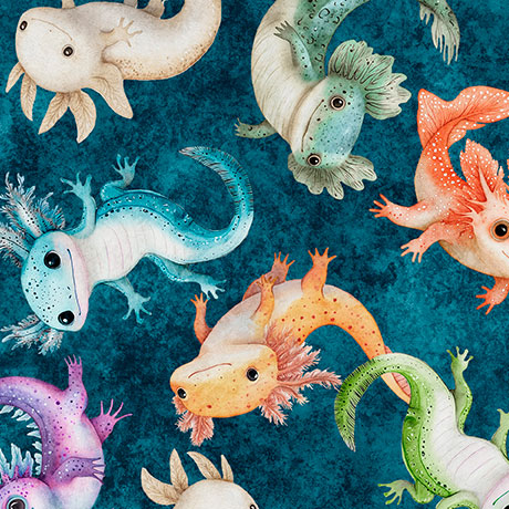 QT Cuties 2- Teal A Lotta Axolotl: Sold by the 1/2 yard