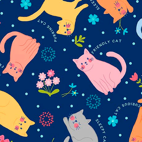 Purrty Plants & Cats- DK Navy Tossed Cats: Sold by the 1/2 yard