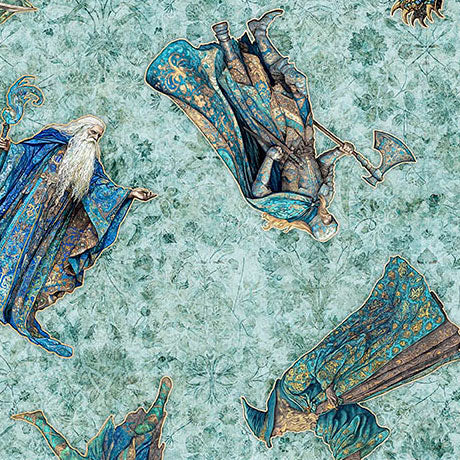 Folklore- Dusty Aqua Medieval Character Toss: Sold by the 1/2 yard