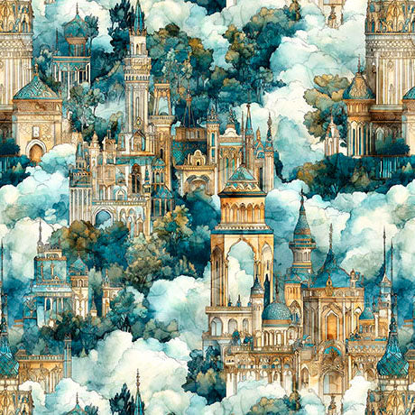 Folklore- Lt Brown/Teal Castles in Clouds: Sold by the 1/2 yard