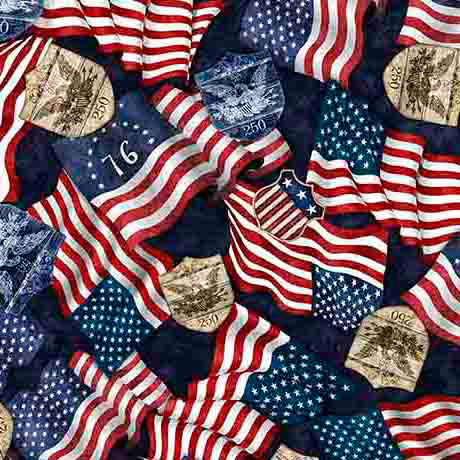 1776- Dk Navy American Flags & 250 Crest: Sold by the 1/2 yard