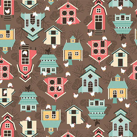 Chickens in the Meadow- Brown Houses: Sold by the 1/2 yard