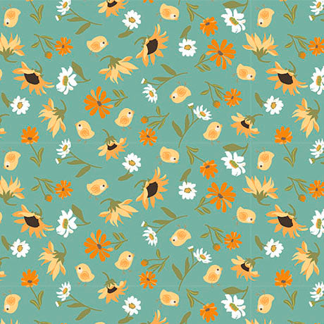 Chickens in the Meadow- Jade Tossed Meadow Flowers: Sold by the 1/2 yard