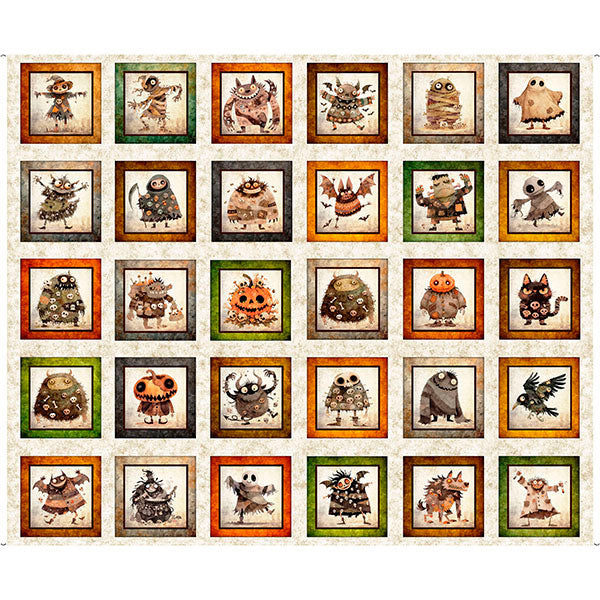 A Haunting We Will Go- Oatmeal Halloween Monster Patch 36" Panel: Sold by the PANEL