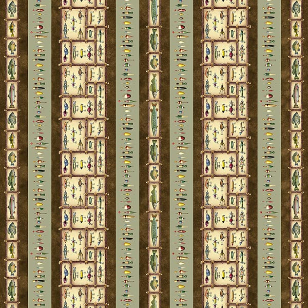 The Lure of Fishing- Sage/Brown Fishing Border Stripe: Sold by the 1/2 yard