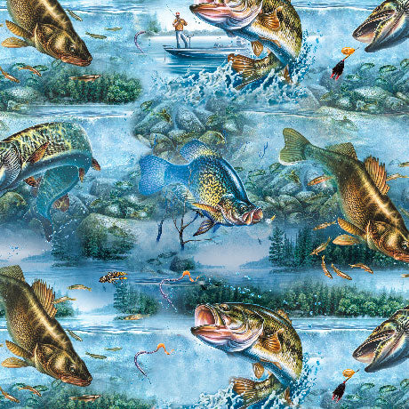 The Lure of Fishing- Blue Fish & Lake Scenic: Sold by the 1/2 yard