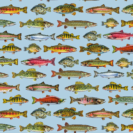 The Lure of Fishing- Blue Fish Set: Sold by the 1/2 yard