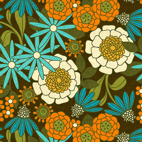 Patchouli Prints- Chocolate Retro Mixed Floral: Sold by the 1/2 yard