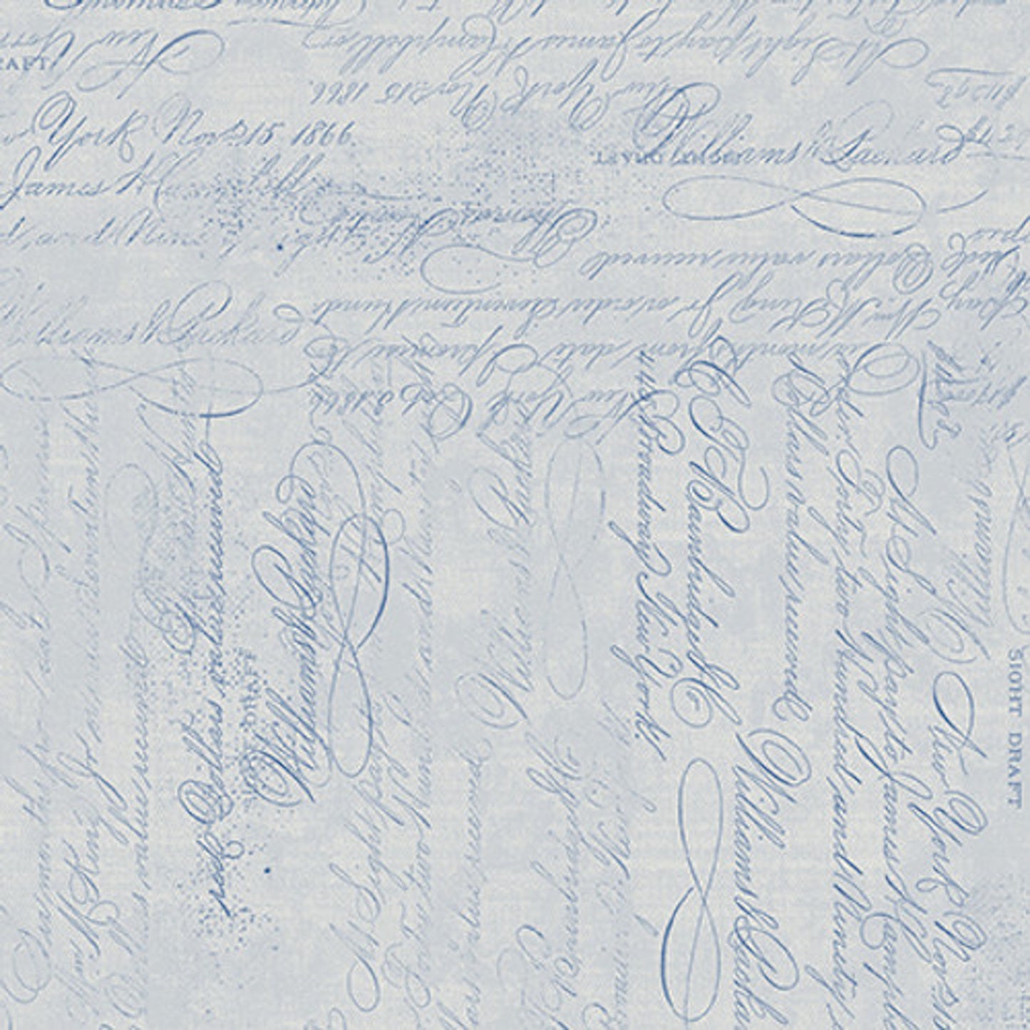 English Blue and White- Lt Gray Handwriting: Sold by the 1/2 yard