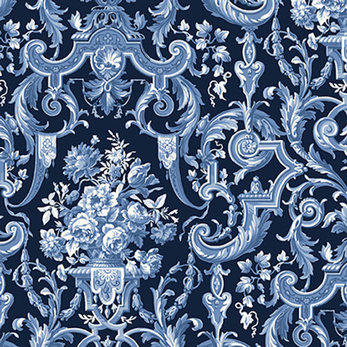 English Blue and White- Navy Flowers in Vases Scroll: Sold by the 1/2 yard