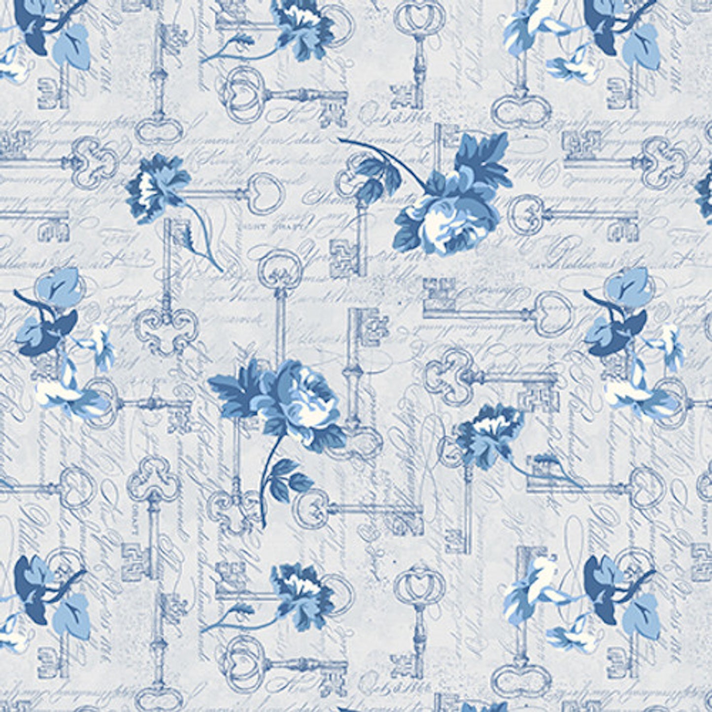English Blue and White- Lt Gray Flowers with Keys: Sold by the 1/2 yard