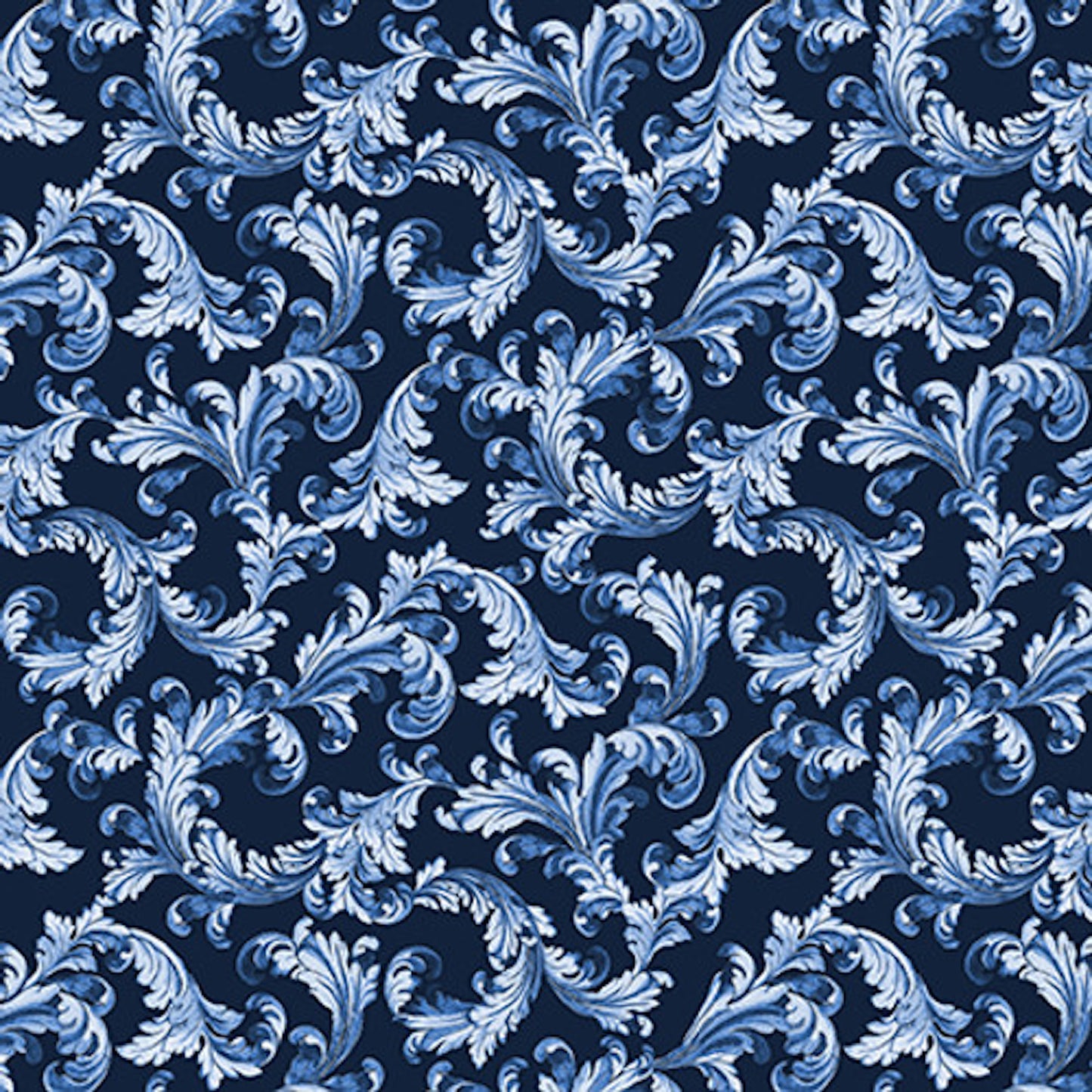 English Blue and White- Navy Scroll: Sold by the 1/2 yard