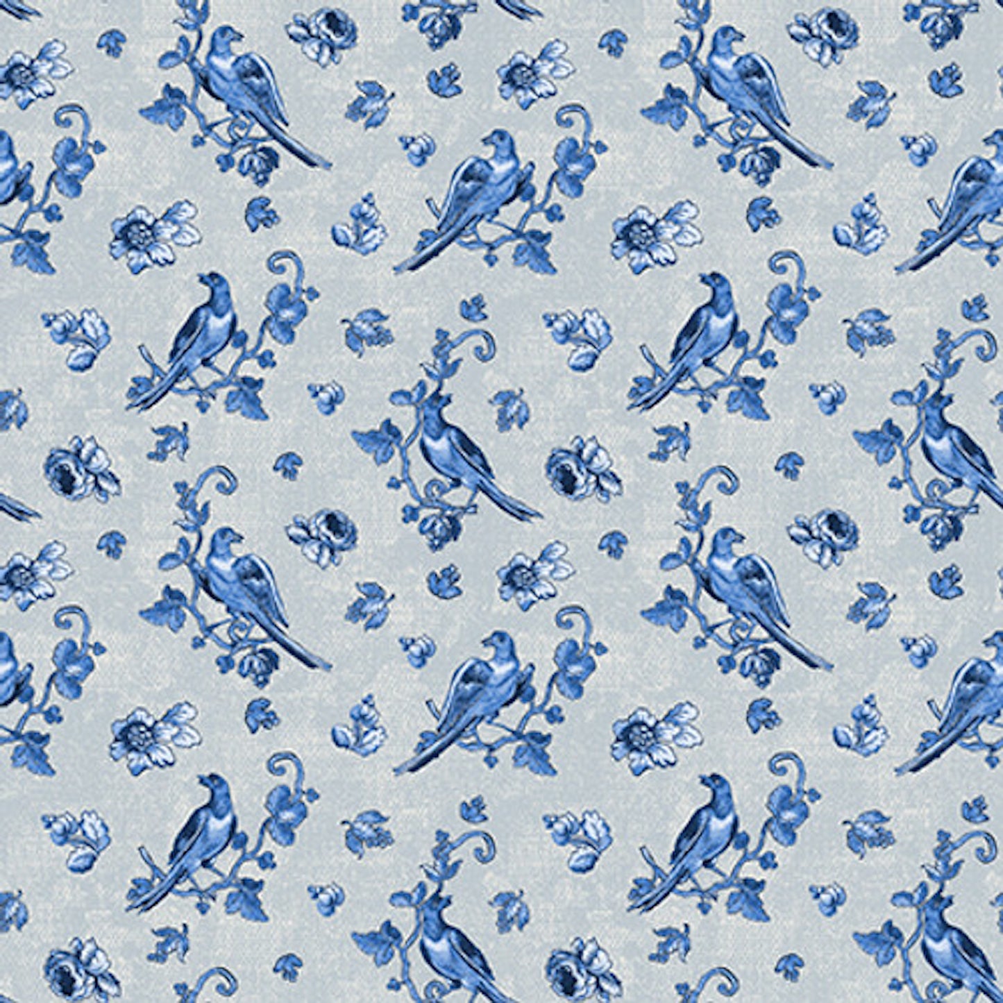 English Blue and White- Lt Gray Birds with Flowers: Sold by the 1/2 yard
