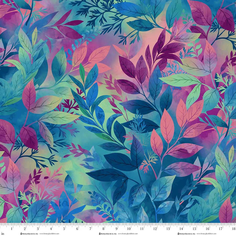 Blissful Blooms- Peacock Ombre Leaves: Sold by the 1/2 yard