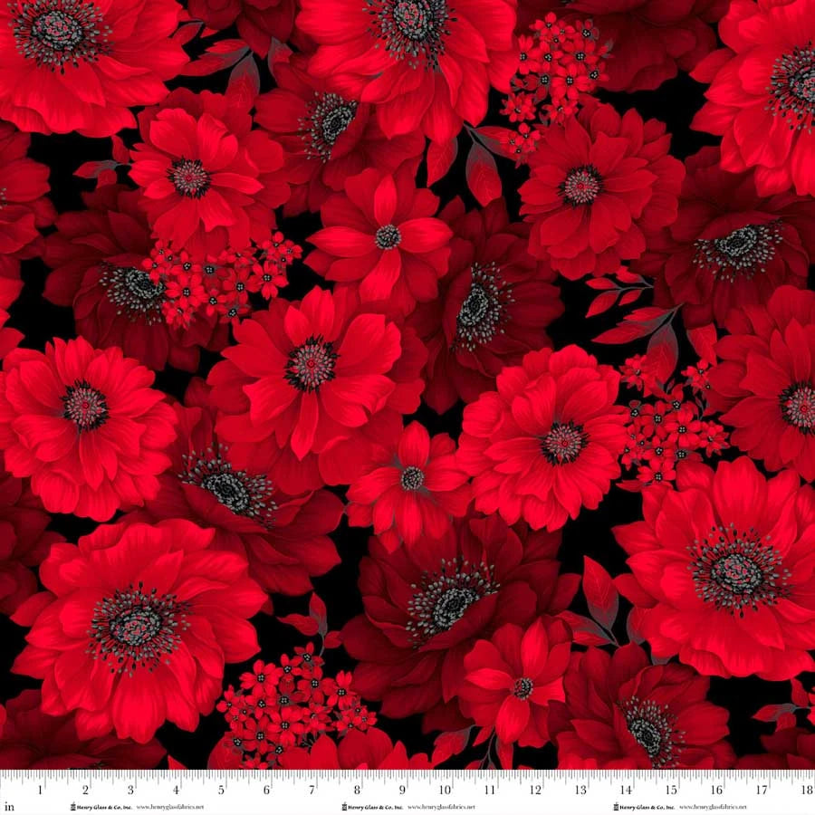 Scarlet's Treasure- Black Red Large Floral: Sold by the 1/2 yard.