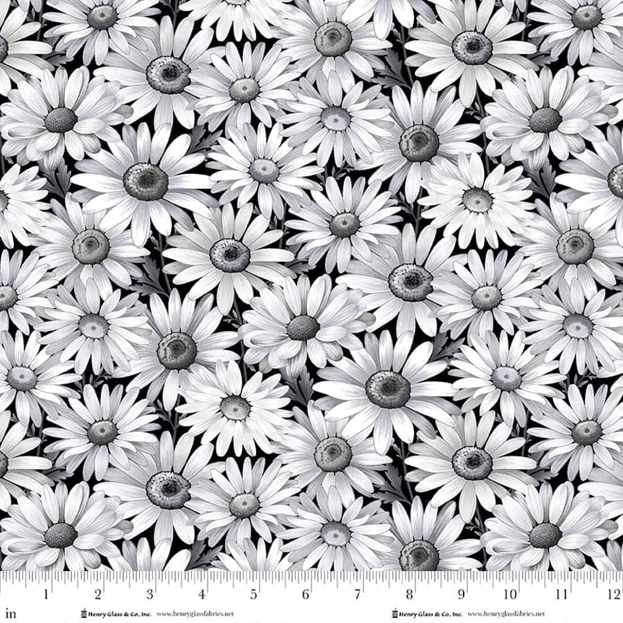 Scarlet's Treasure- Black Daisies: Sold by the 1/2 yard.