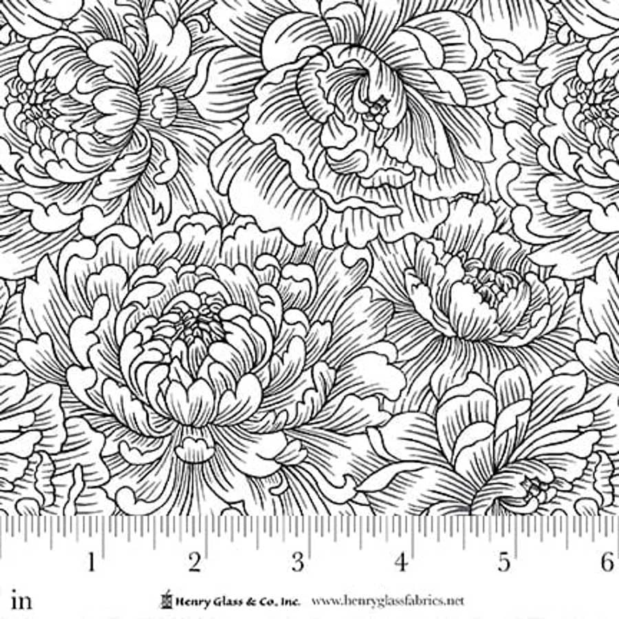 Scarlet's Treasure- White Black Peony Monotone: Sold by the 1/2 yard
