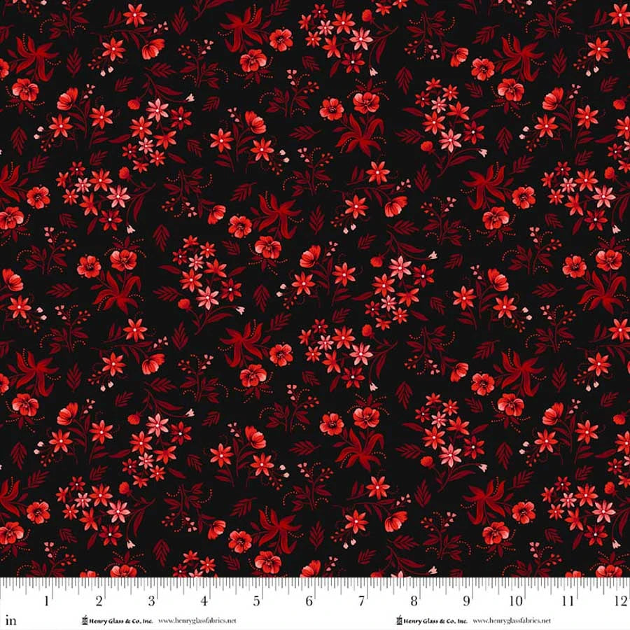 Scarlet's Treasure- Black Red Nosegays: Sold by the 1/2 yard