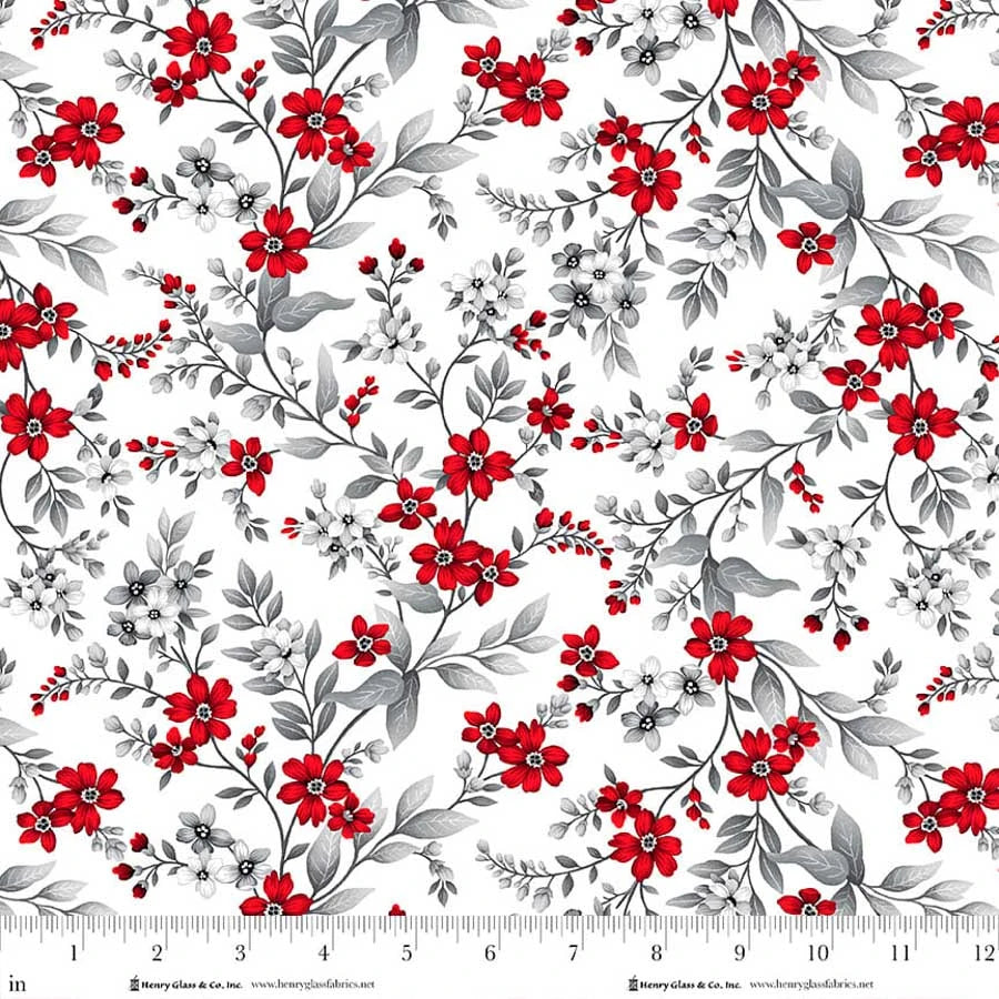 Scarlet's Treasure- White Red Floral Vine: Sold by the 1/2 yard