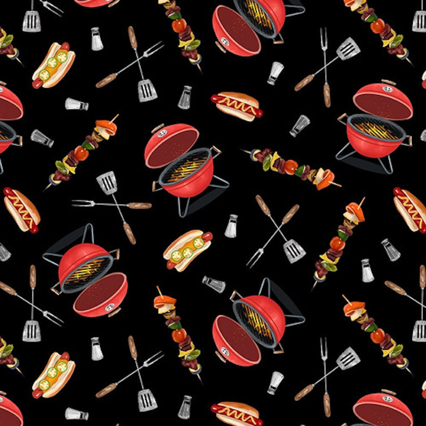 Grill Master- Barbecue Food Black: Sold by the 1/2 yard.