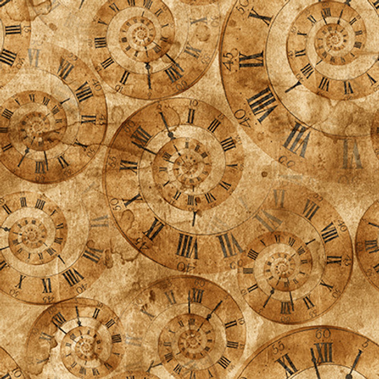 Full Steam Ahead- Tan Clock Swirls: Sold by the 1/2 yard.