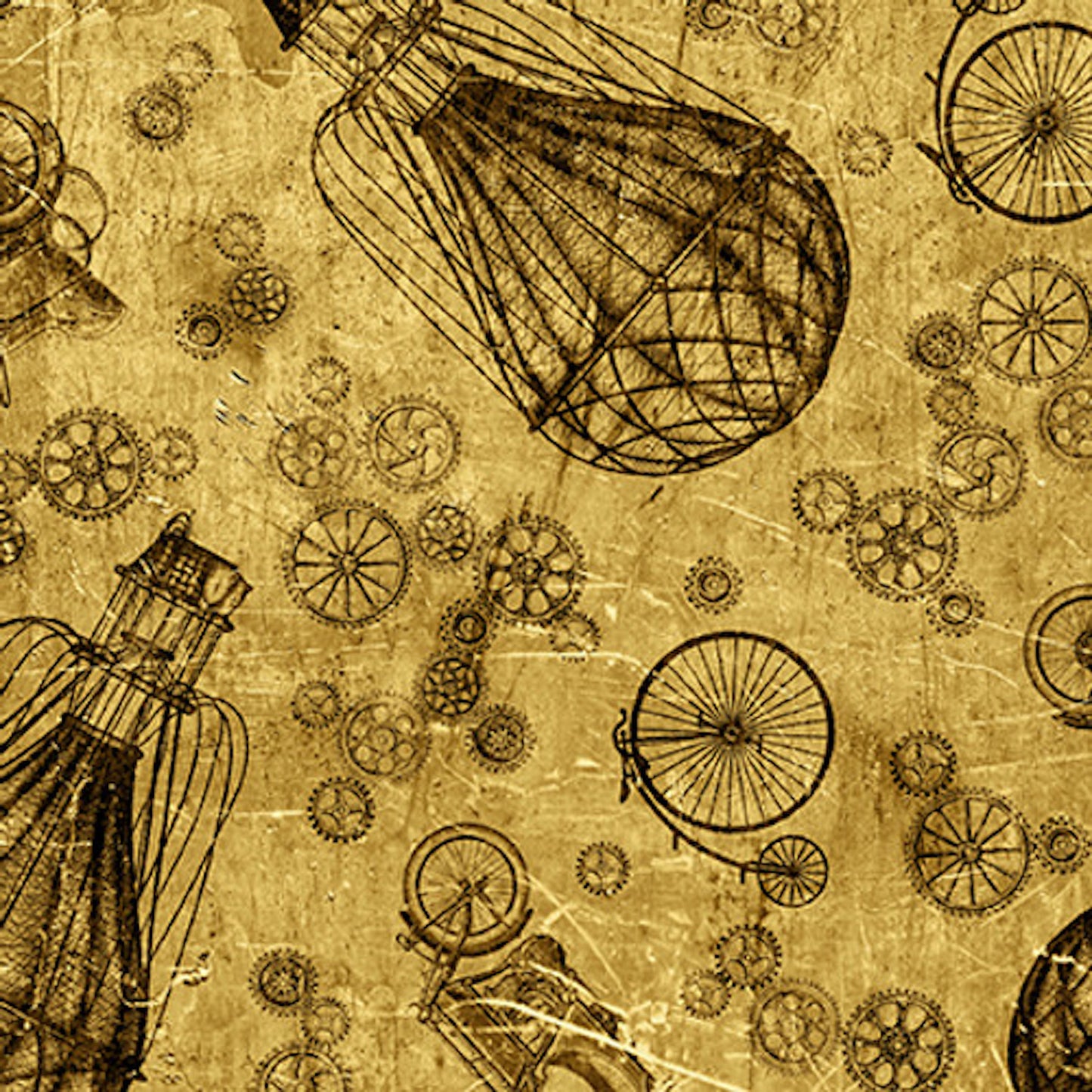 Full Steam Ahead- Brass Hot Air Balloons, Cars & Bicycles: Sold by the 1/2 yard.