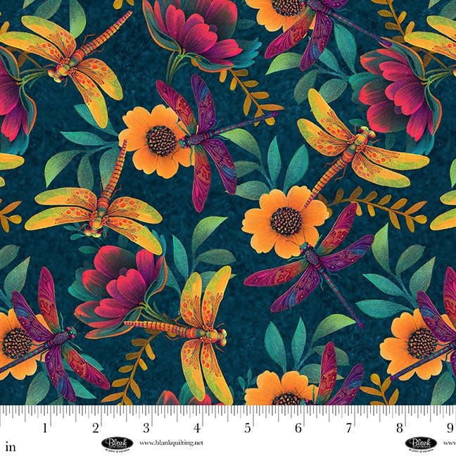 Luminous Haven- Ocean Blue Dragonflies and Flowers: Sold by the 1/2 yard