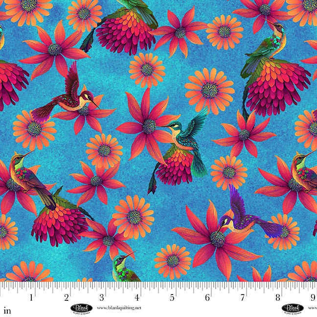 Luminous Haven- Bright Blue Hummingbirds and Flowers: Sold by the 1/2 yard