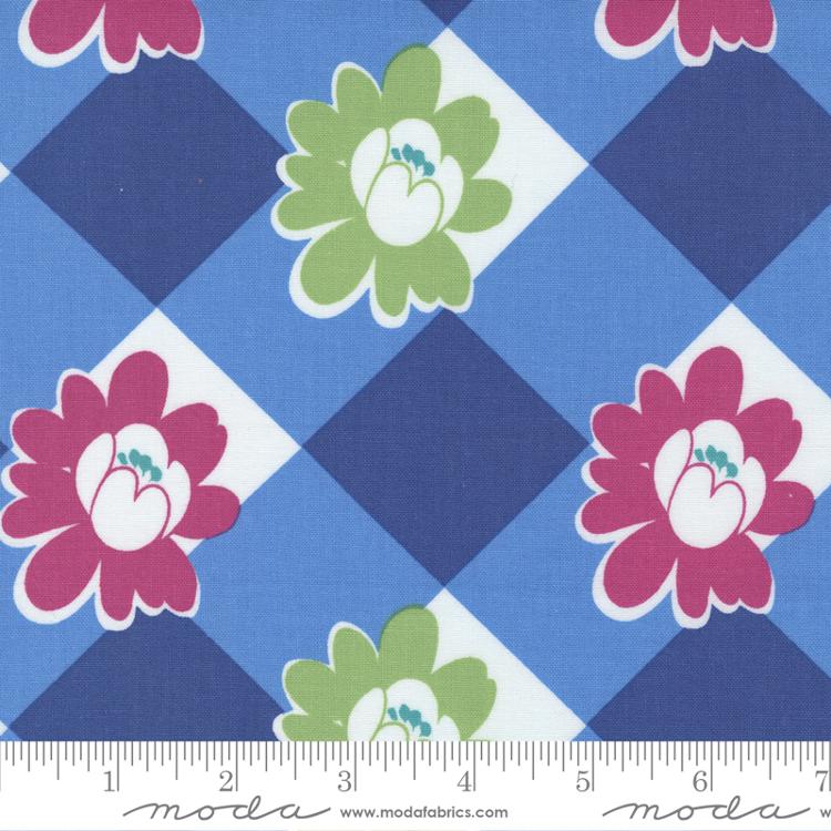 Picnic Pop- Bright Blue Floral Check: Sold by the 1/2 yard