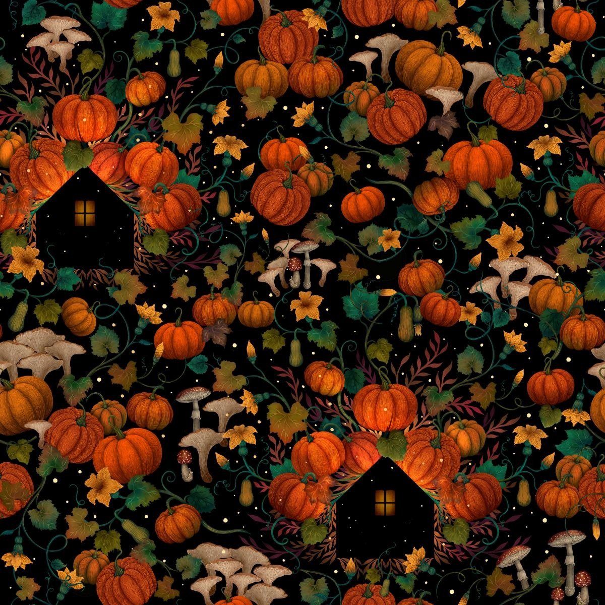 Haunted Harvest- Black Pumpkin House Silhouettes: Sold by the 1/2 yard