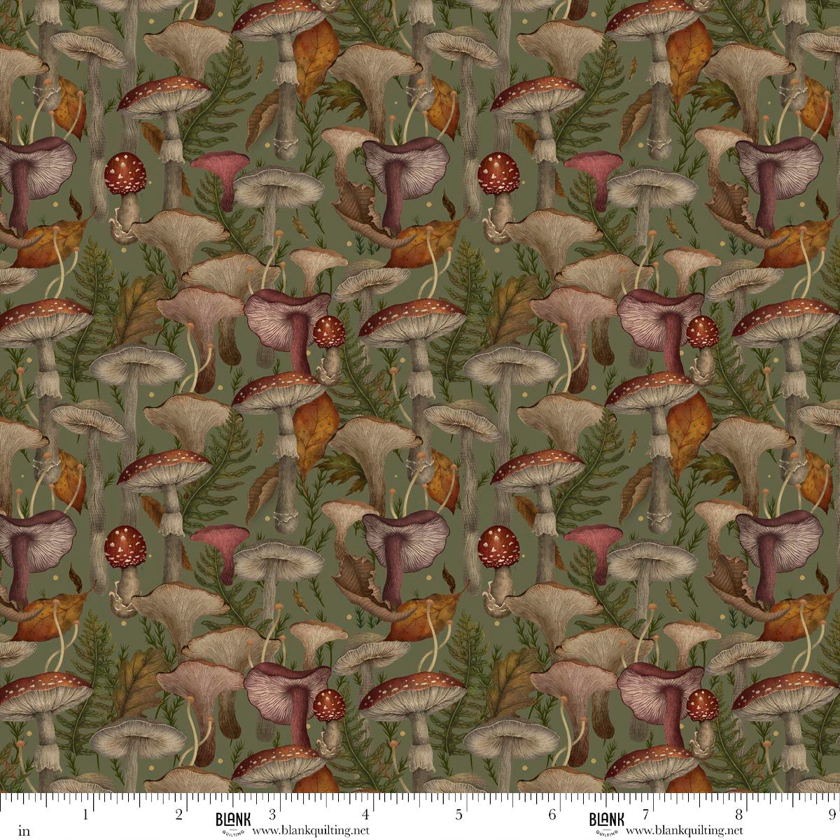 Haunted Harvest-Olive Green Mushrooms: Sold by the 1/2 yard