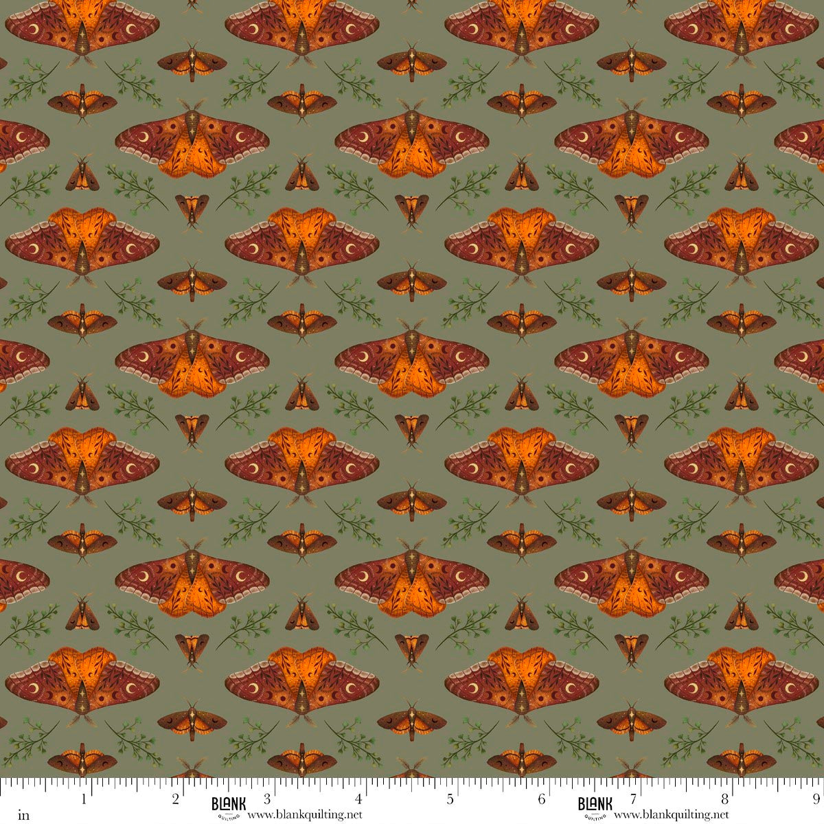 Haunted Harvest- Green Moths: Sold by the 1/2 yard