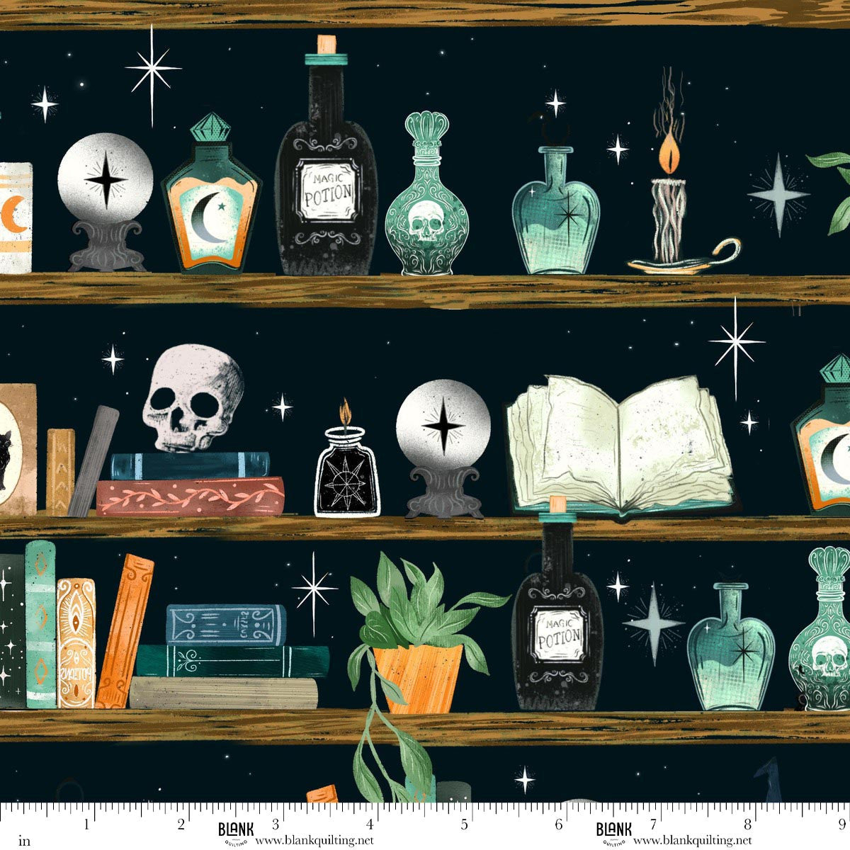 Witchy Wicked- Black Witchy Bookshelf: Sold by the 1/2 yard